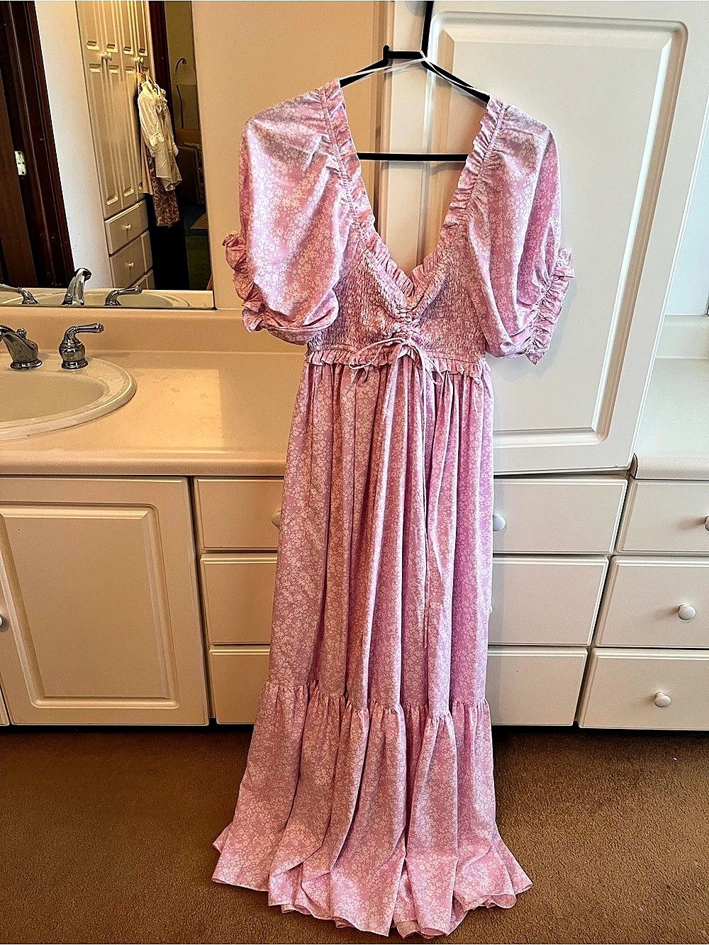Mable Sanderling Floral Smocked Maxi Dress Pink & White Small Like New